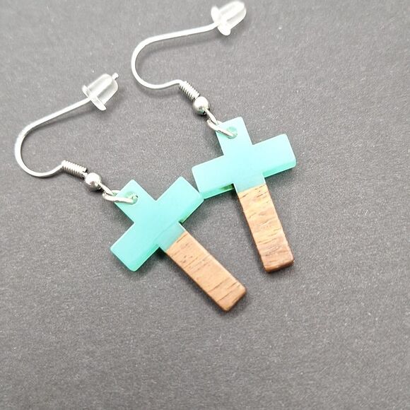 Turquoise and Wood Cross Earrings - Picture 5 of 5